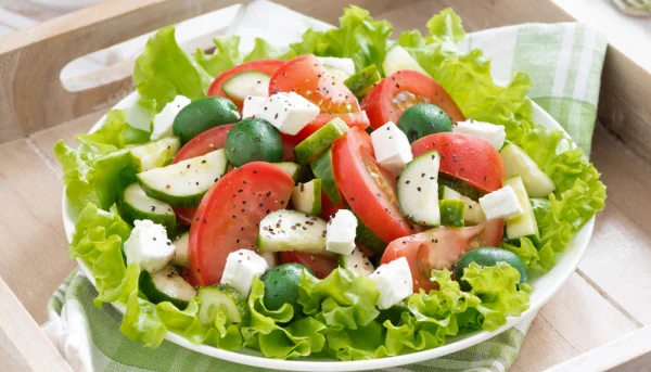 Salade au concombre, tomates, olives et feta