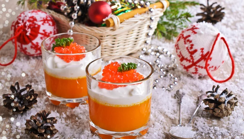 Verrines de Noël Saint Jacques potimarron œufs de saumon