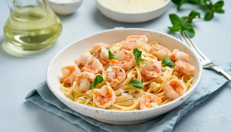 Salade tiède de pâtes aux agrumes gambas et piment d’Espelette