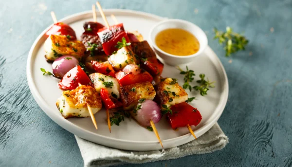 Brochettes au halloumi et aux légumes à la grecque
