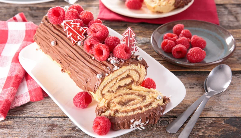 Bûche de Noël au chocolat et aux framboises