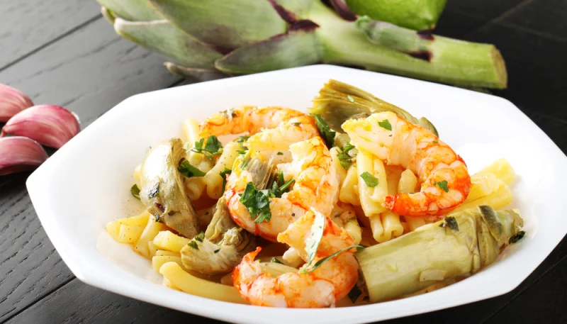 Pâtes aux artichauts et crevettes
