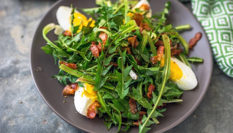 Salade de pissenlit aux lardons et œufs