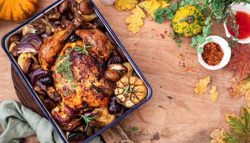 Poulet rôti aux châtaignes et champignons