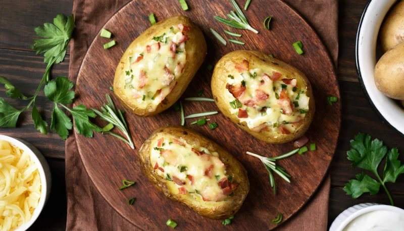 Pommes de terre au four, crème fraîche et lardons