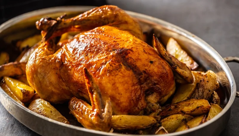 Poulet rôti au four avec des pommes de terre et des herbes de Provence
