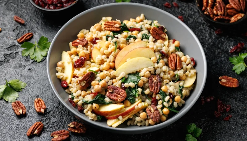 Salade tiède d'orge perlé au chou frisé et fruits secs