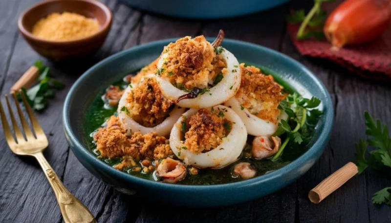 Calamars farcis à la chapelure dorée