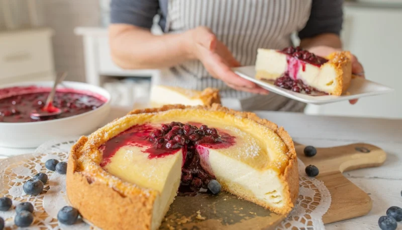 Gâteau au fromage blanc et coulis de myrtilles