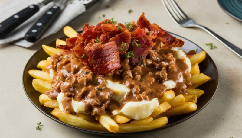 Poutine gourmande à la viande hachée et bacon croustillant
