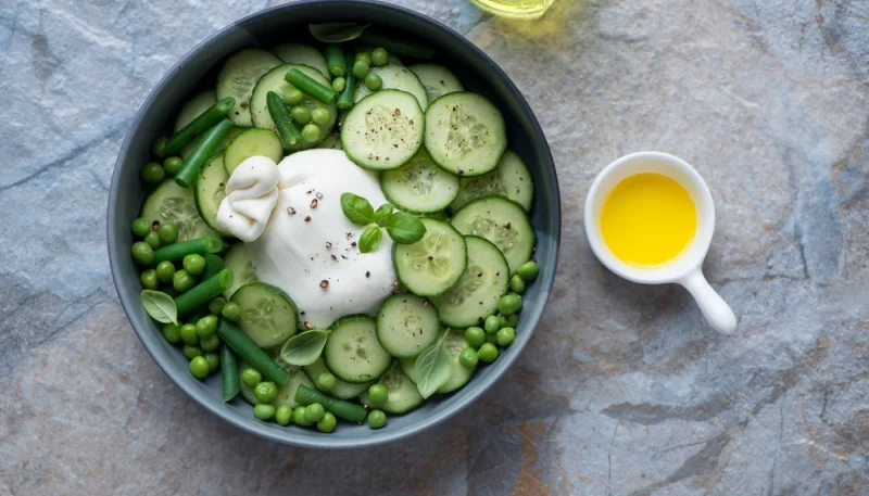 Salade de burrata, concombre et légumes verts