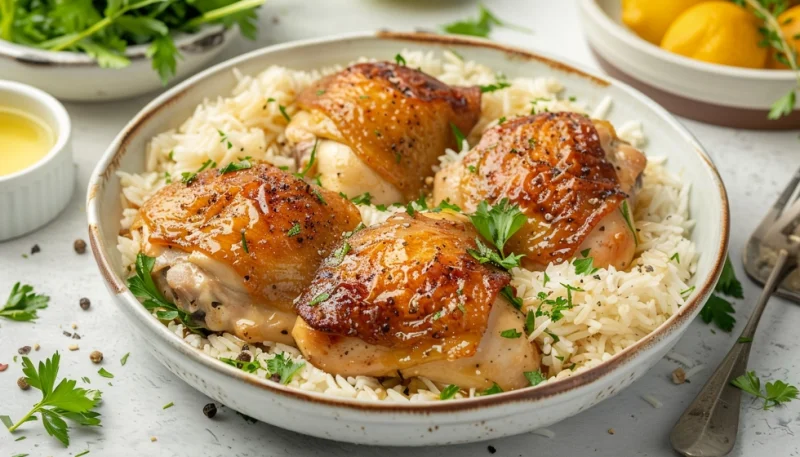 Cuisses de poulet au miel et riz avec sauce