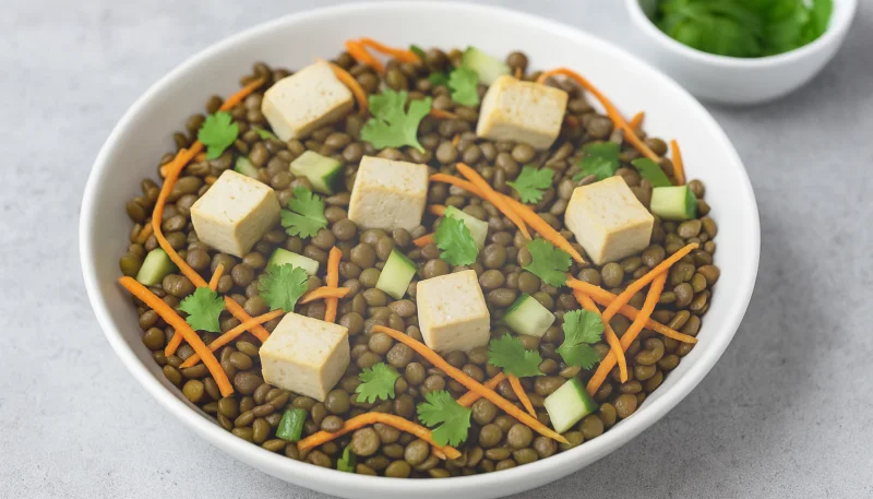 Salade tiède de lentilles, tofu et légumes croquants