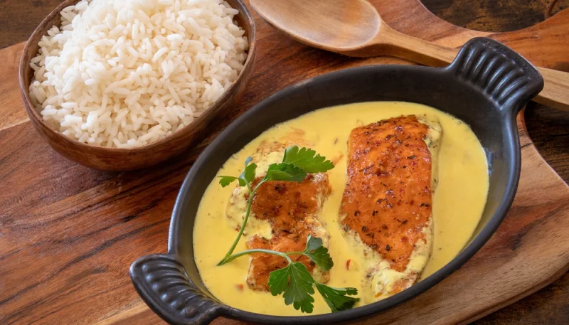 Saumon à la sauce curry-crème et riz basmati