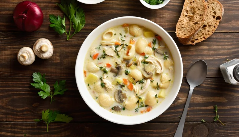 Soupe crémeuse au poulet, champignons et pâtes