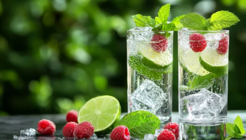 Boisson d'été au citron vert, framboises et menthe