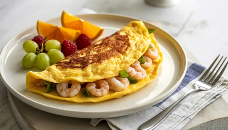 Omelette dorée garnie de crevettes
