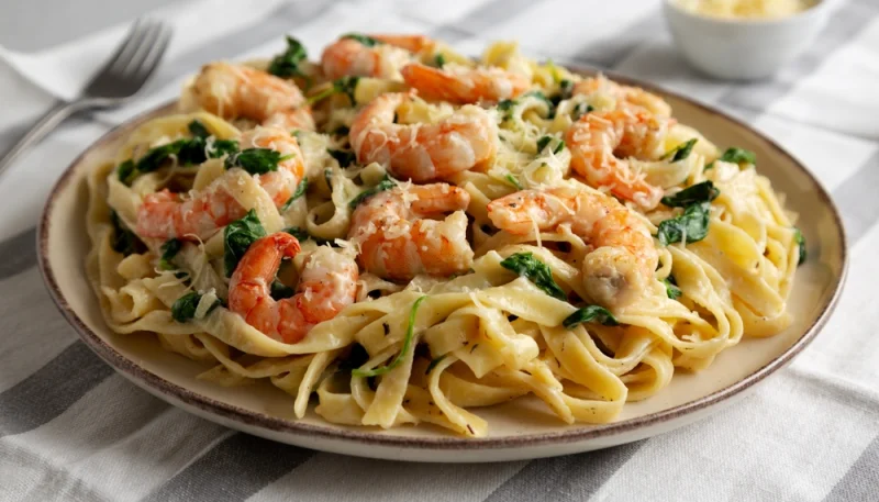 🍤 Tagliatelles crémeuses aux crevettes et épinards