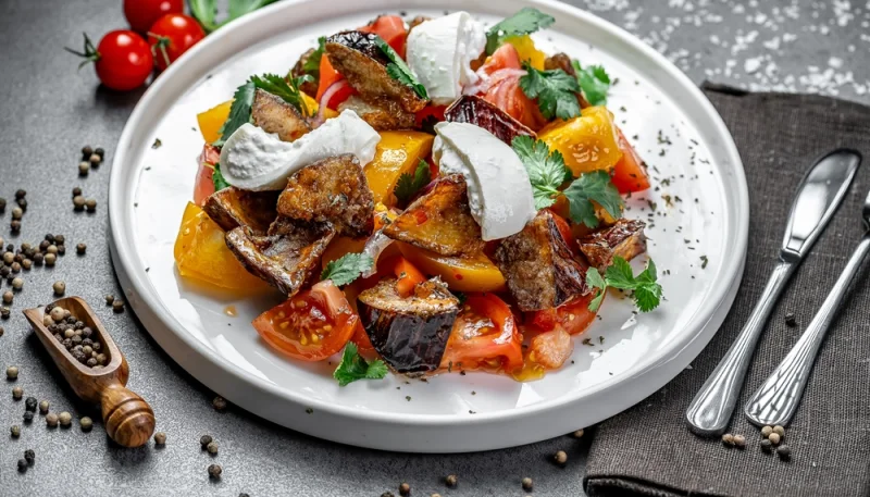 🍆 Salade d’aubergines rôties, tomates et fromage frais