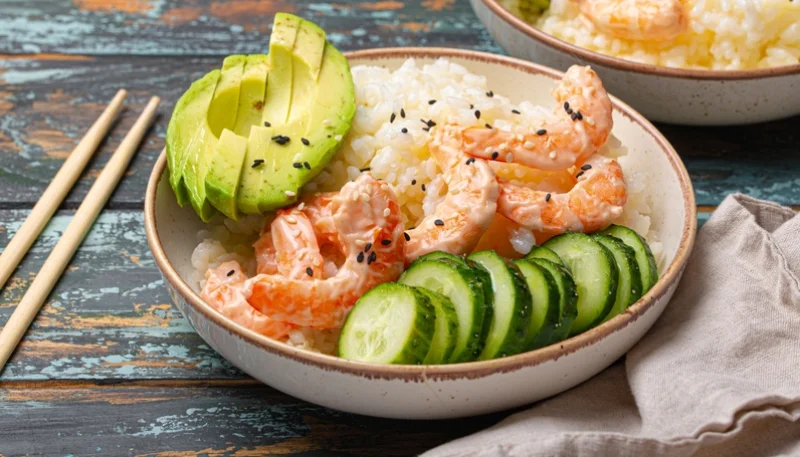 🍤🥑 Poke bowl crevettes, avocat et concombre facile